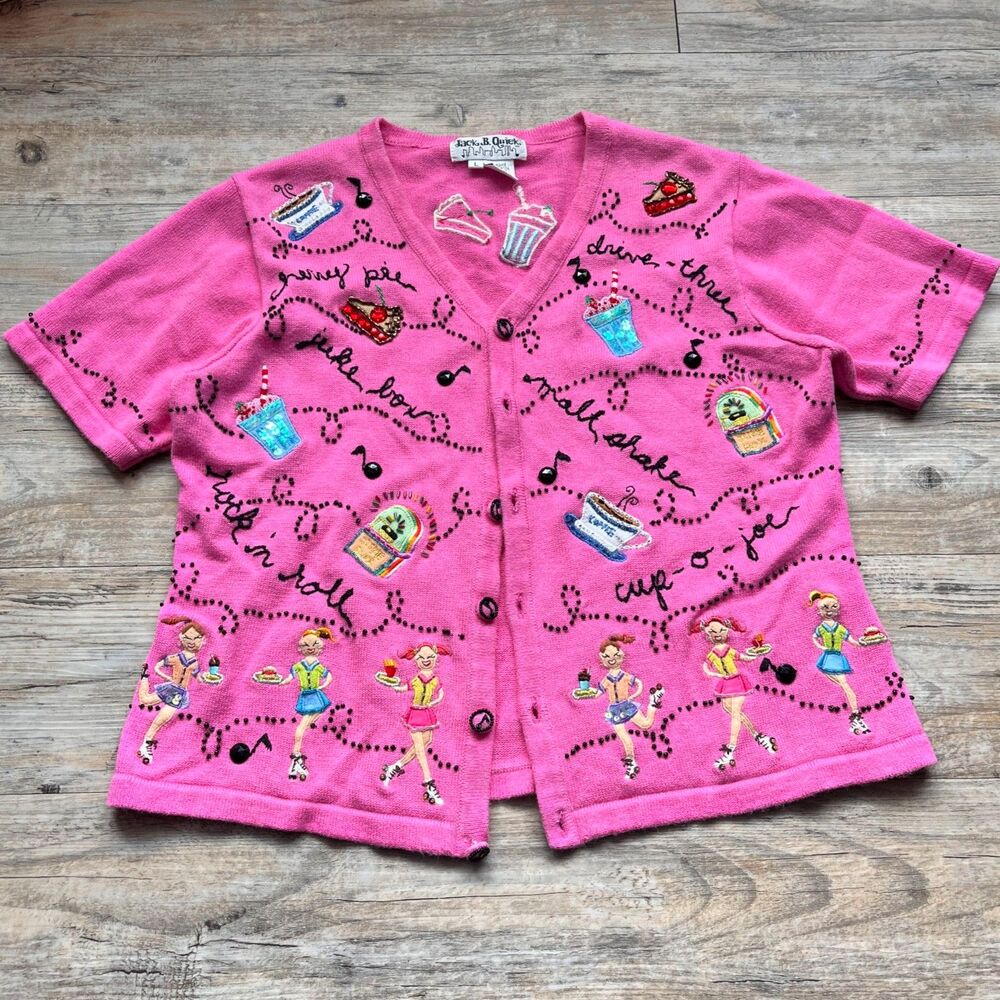 Vintage Jack B Quick Cardigan Large Pink Beaded Embroidered Diner Sweater